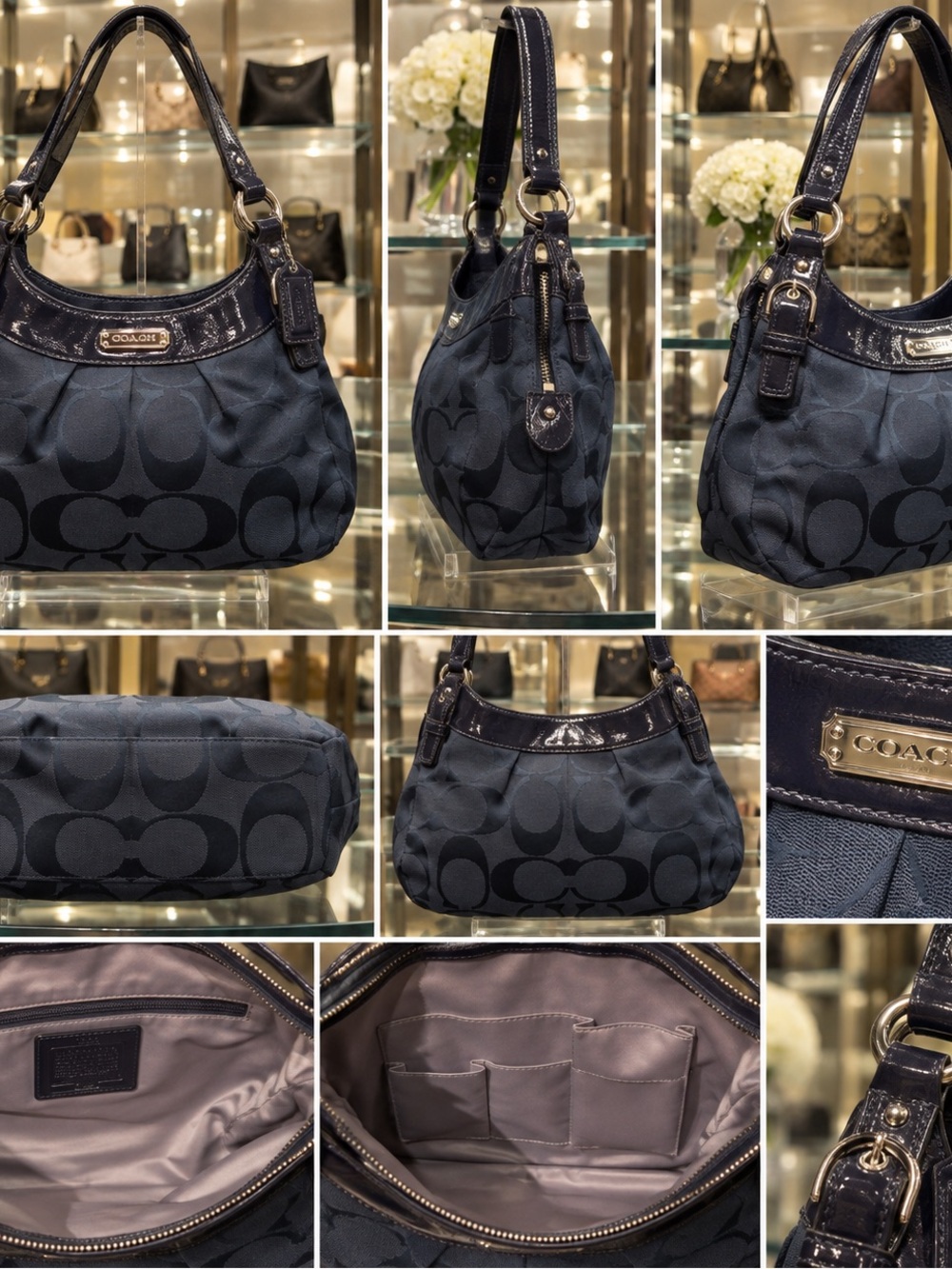Vintage Coach Signature Navy/Black Patent Trim Hobo Shoulder Bag – Large